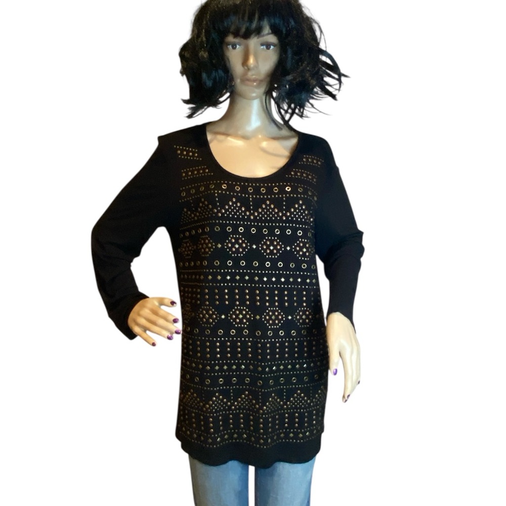 Reba Black with Goldtone / Copper All-Over Studs Top Shirt 3/4 Sleeve Size Large